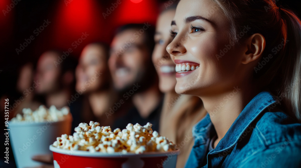 Friends enjoying a movie night with popcorn Friends enjoying a movie night with popcorn