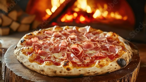 A mouthwatering homemade pizza topped with prosciutto, baking in a wood-fired brick oven, with a roaring fire in the background