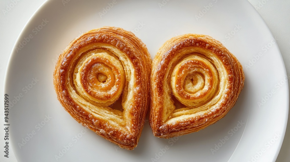 A pair of palmiers placed side by side on a white plate, with a white background, emphasizing their symmetrical shapes and contrasting colors A pair of palmiers placed side by side on a white plate, with a white background, emphasizing their symmetrical shapes and contrasting colors