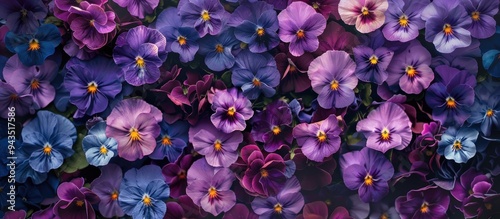 A close up of purple and violet pansies and tricolor viola flowers in a flowerbed creates a charming copy space image with a unique background texture photo