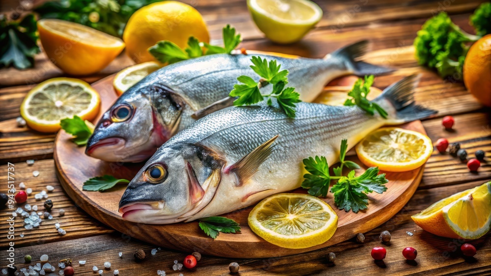 vibrant seafood still life garnished fresh parsley lemon wedges rustic wooden table distressed background warm golden morning light soft focus highlights vibrant seafood still life garnished fresh parsley lemon wedges rustic wooden table distressed background warm golden morning light soft focus highlights