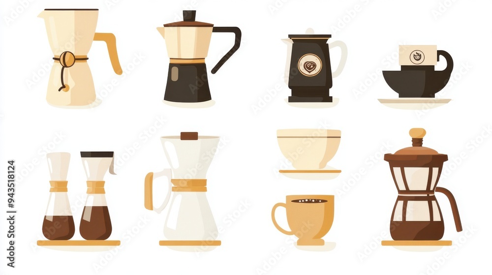A set of coffee brewing equipment, coffee collection, flat design, vintage style, isolated on white background