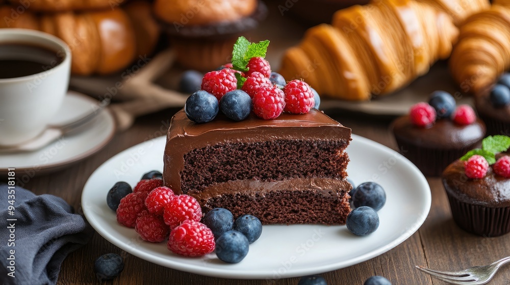 A rich slice of chocolate cake on a white plate, garnished with fresh berries, surrounded by croissants, muffins, and a cup of coffee on a rustic table A rich slice of chocolate cake on a white plate, garnished with fresh berries, surrounded by croissants, muffins, and a cup of coffee on a rustic table
