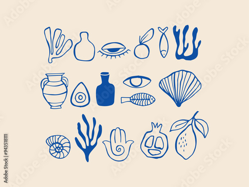 Mediterranean modern hand drawn sketch style illustrations