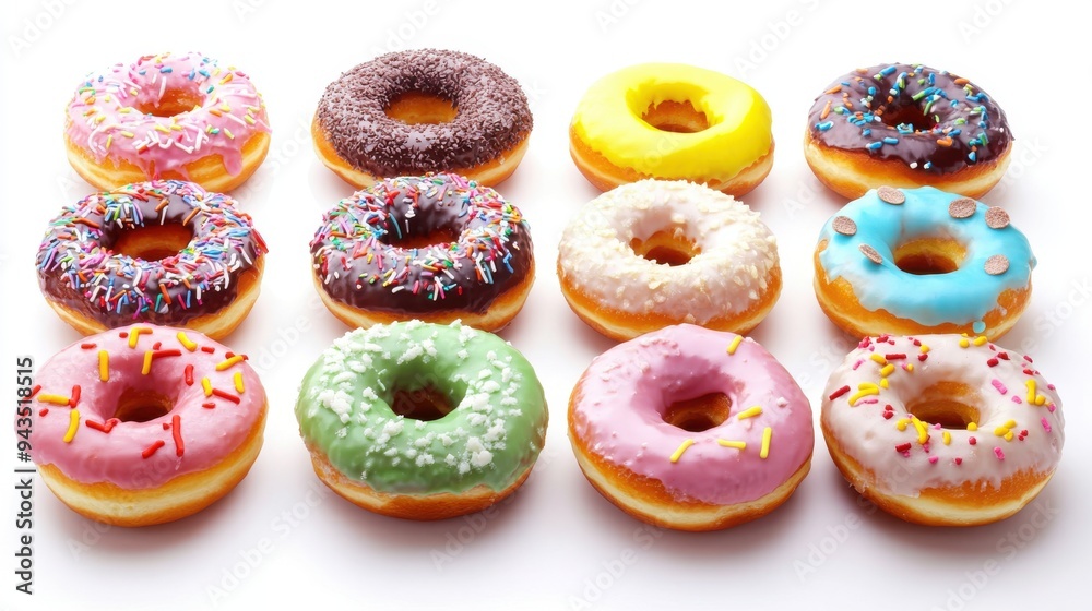 A variety of doughnuts with icing, bakery collection, flat design, vibrant colors, isolated on white background A variety of doughnuts with icing, bakery collection, flat design, vibrant colors, isolated on white background