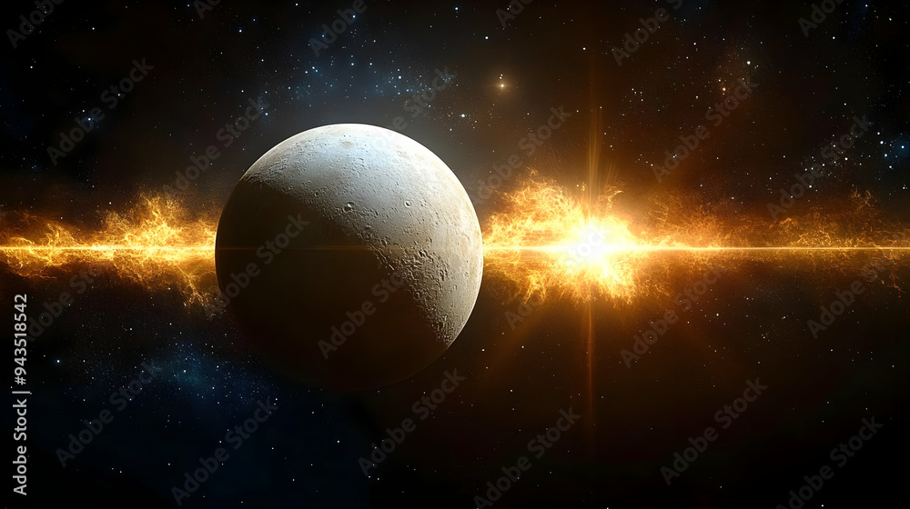 A celestial body with a bright, fiery explosion behind it in the space. A celestial body with a bright, fiery explosion behind it in the space.