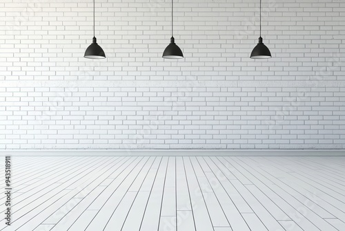 White brick wall with three black pendant lights above white wooden floor.