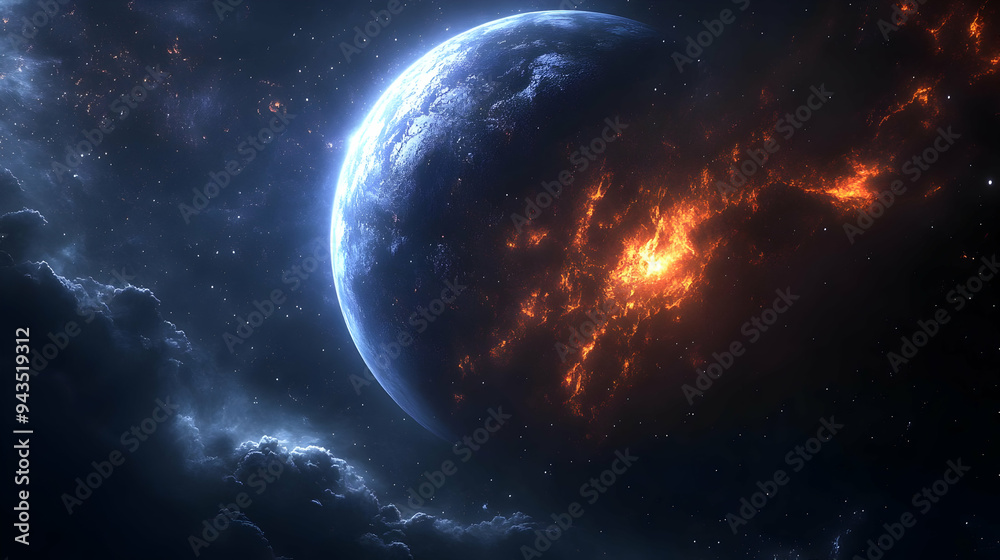 A celestial body with a fiery eruption in outer space. A celestial body with a fiery eruption in outer space.