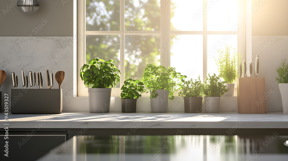 Fototapeta premium A modern kitchen interior showcasing sleek appliances and vibrant herbs basking in sunlight through a large window