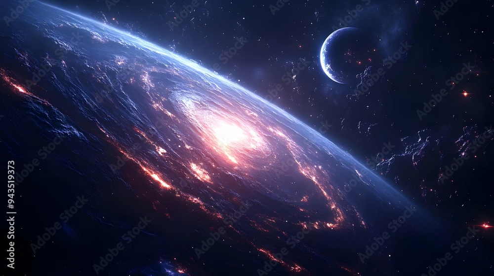 A celestial body with a glowing core and a crescent moon in the background. A celestial body with a glowing core and a crescent moon in the background.