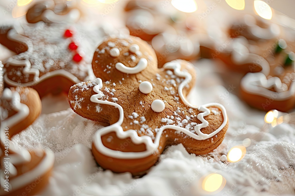 frosted gingerbread men cookies with bright icing, surrounded by powdered sugar and Christmas lights frosted gingerbread men cookies with bright icing, surrounded by powdered sugar and Christmas lights