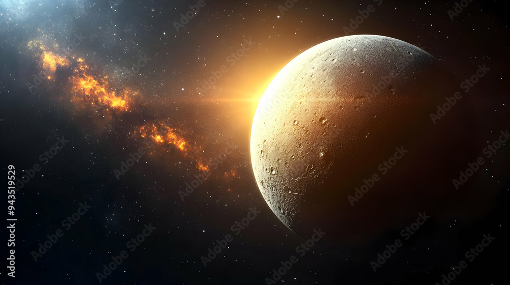 A celestial body with a rough surface in space with a bright, glowing star and milky way. A celestial body with a rough surface in space with a bright, glowing star and milky way.