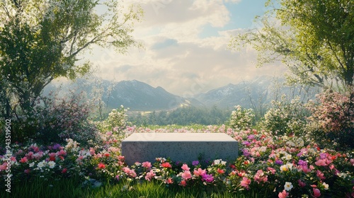 A serene beauty podium in the middle of a lush spring flower field, surrounded by blooming flowers and fresh greenery. 3D rendering with soft lighting.