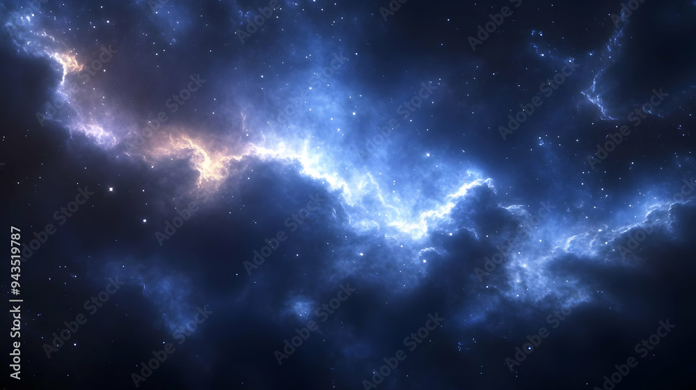 A celestial canvas of blue and white nebulae against a backdrop of twinkling stars.