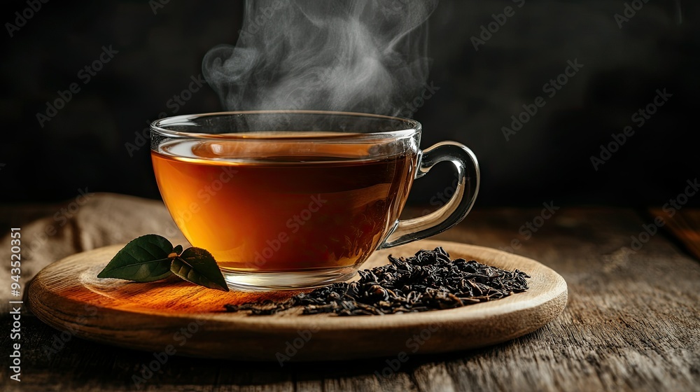 A steaming cup of hot tea on a wooden table, with dried tea leaves neatly arranged on a wooden plate, against a black background that enhances the warmth and simplicity A steaming cup of hot tea on a wooden table, with dried tea leaves neatly arranged on a wooden plate, against a black background that enhances the warmth and simplicity