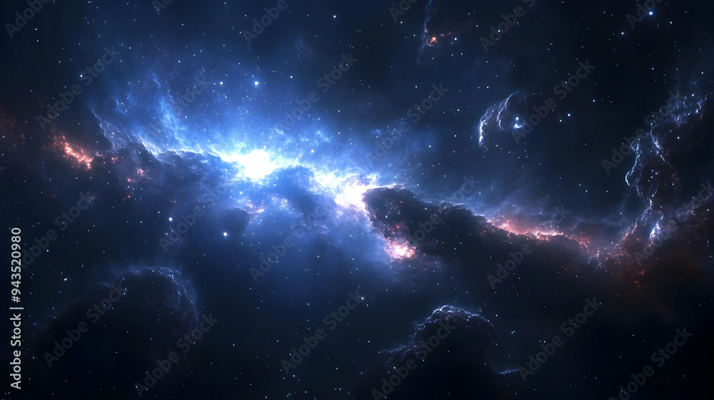 A celestial nebula with bright blue and red gas clouds against a backdrop of twinkling stars. A celestial nebula with bright blue and red gas clouds against a backdrop of twinkling stars.
