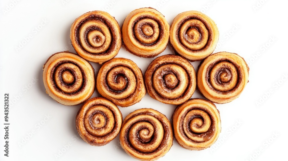 Fototapeta premium A top view of freshly baked cinnamon rolls, arranged in a tight circle, isolated on a white background, with emphasis on the spiral patterns and rich filling