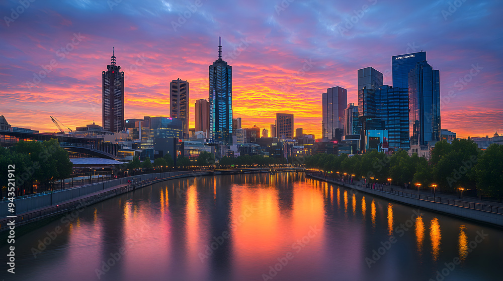 Fototapeta premium Urban skyline at sunset featuring high-rise buildings reflecting on the calm river under a colorful sky