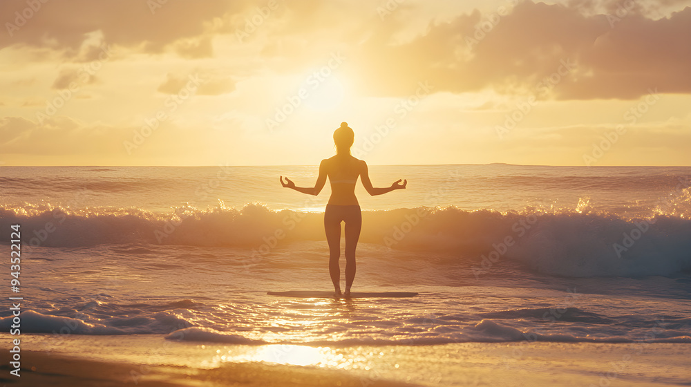 Fototapeta premium A young woman practices yoga on a beach at sunset, standing in a serene pose with the ocean waves gently crashing around her