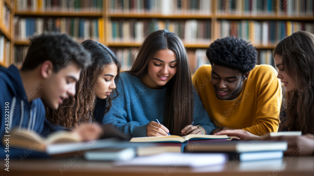 Group of students studying together in a library Group of students studying together in a library