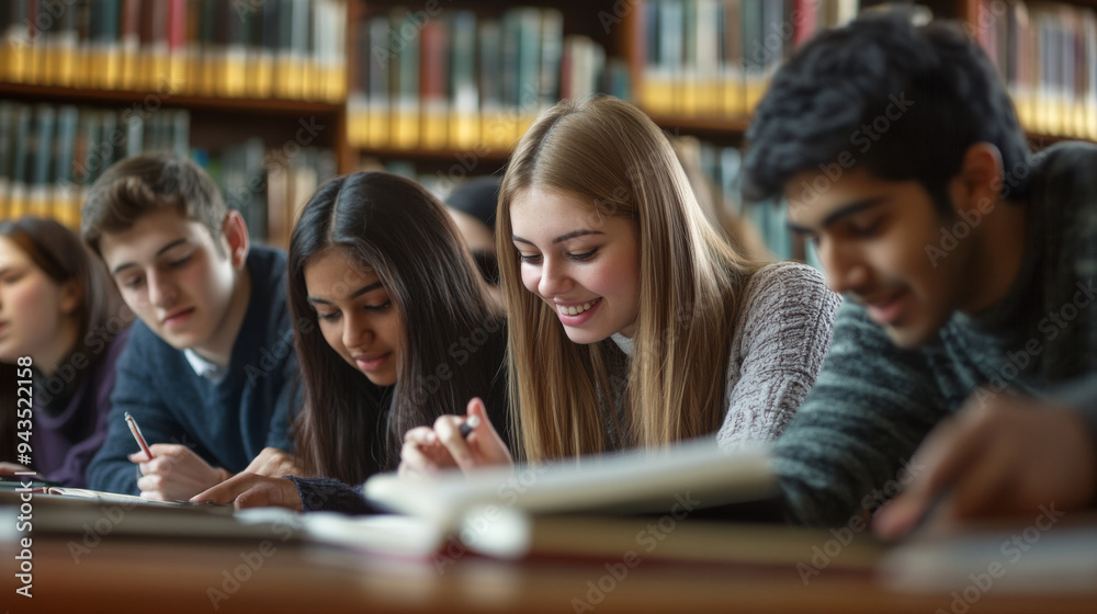 Group of students studying together in a library Group of students studying together in a library