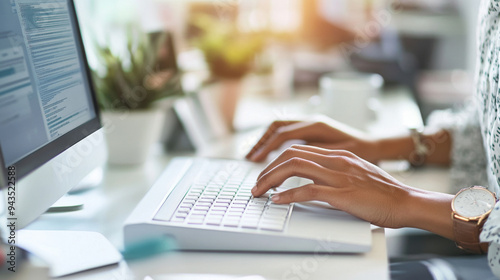 Hands typing on a computer keyboard in an office