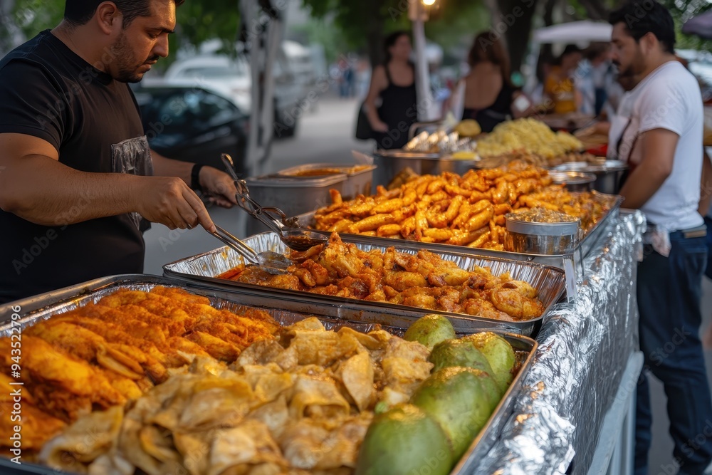 Cultural Food Festival: An outdoor food festival with stands offering various Hispanic delicacies, with people sampling food and enjoying the cultural experience. Cultural Food Festival: An outdoor food festival with stands offering various Hispanic delicacies, with people sampling food and enjoying the cultural experience.