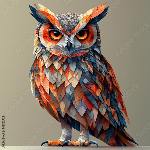 Geometric Owl: A striking, abstract rendering of an owl with vibrant geometric patterns and rich color palette.  This digital artwork evokes a sense of mystery, wisdom, and the beauty of nature.  photo