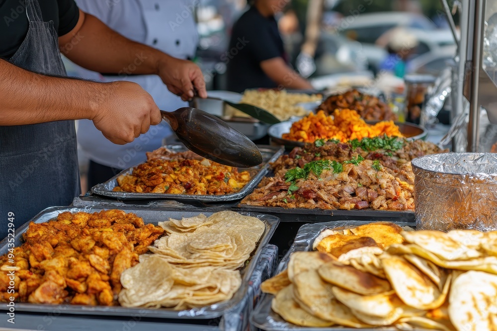 Cultural Food Festival: An outdoor food festival with stands offering various Hispanic delicacies, with people sampling food and enjoying the cultural experience. Cultural Food Festival: An outdoor food festival with stands offering various Hispanic delicacies, with people sampling food and enjoying the cultural experience.