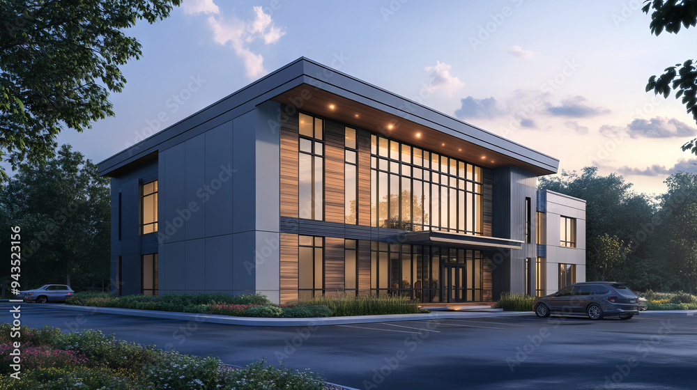 A 3D rendering of a modern two-story house with gray and wood accents, and parking space on the right side. The scene features a clear summer evening with cozy light emanating from the windows. A 3D rendering of a modern two-story house with gray and wood accents, and parking space on the right side. The scene features a clear summer evening with cozy light emanating from the windows.