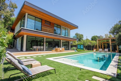 Upscale Modern Two-Story Home in Beverly Hills with Pool, Grassy Yard, Lawn Chairs, and Kids' Play Area; Large Windows, Flat Roof, Wood Accents, and White Concrete Floors photo