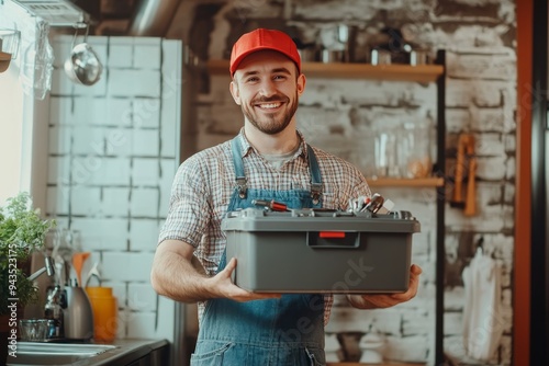 Cheerful repairman in work overalls holding toolbox while fixing things in home kitchen photo