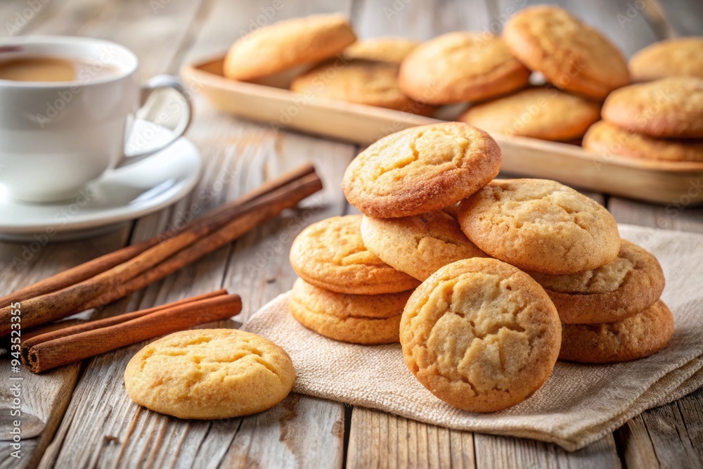 Warm golden snickerdoodle cookies scattered on rustic wooden table, soft natural light, creamy white background, cozy morning mood, shallow focus, warm beige tones, comforting atmosphere Warm golden snickerdoodle cookies scattered on rustic wooden table, soft natural light, creamy white background, cozy morning mood, shallow focus, warm beige tones, comforting atmosphere