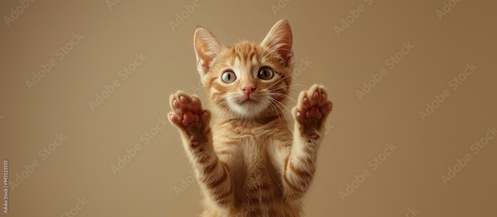 Fototapeta premium An indoor scene with a young ginger cat standing and holding an advertisement in its paws against a copy space image