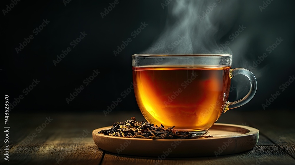 A warm, inviting scene featuring a hot tea glass with steam rising, accompanied by dried tea leaves on a wooden plate, set against a deep black background