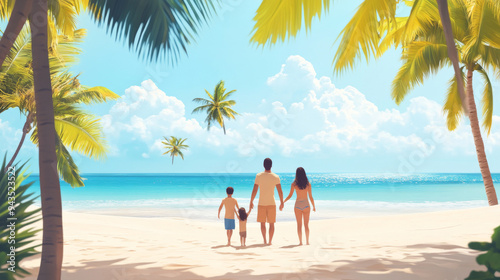 A family of four is walking on a beach, enjoying the sun and the ocean