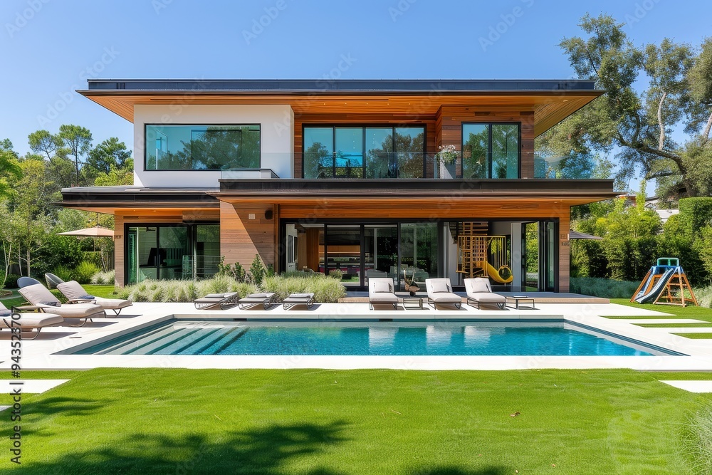 Fototapeta premium Upscale Modern Two-Story Home in Beverly Hills with Pool, Grassy Yard, Lawn Chairs, and Kids' Play Area; Large Windows, Flat Roof, Wood Accents, and White Concrete Floors