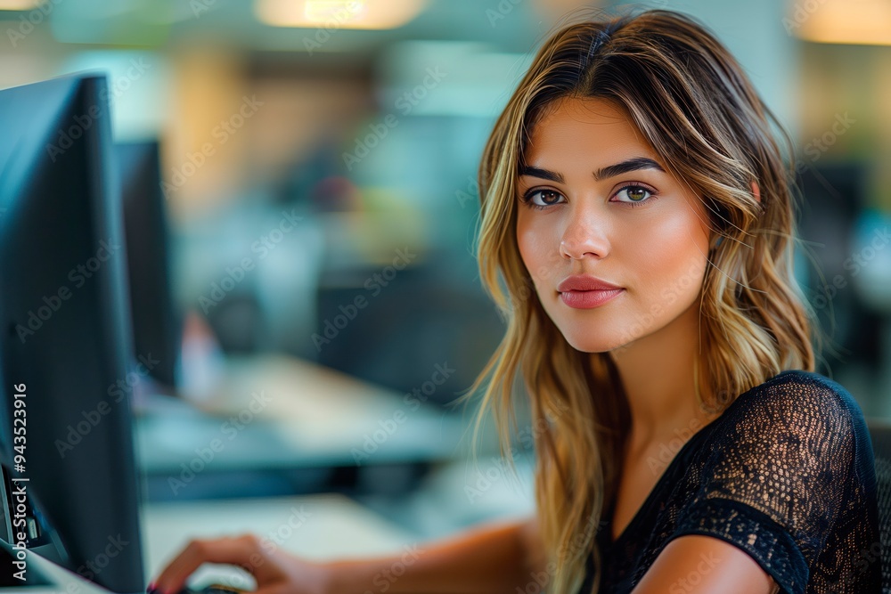 Young woman focused on her work at a modern office in bright light, copy space for text Young woman focused on her work at a modern office in bright light, copy space for text