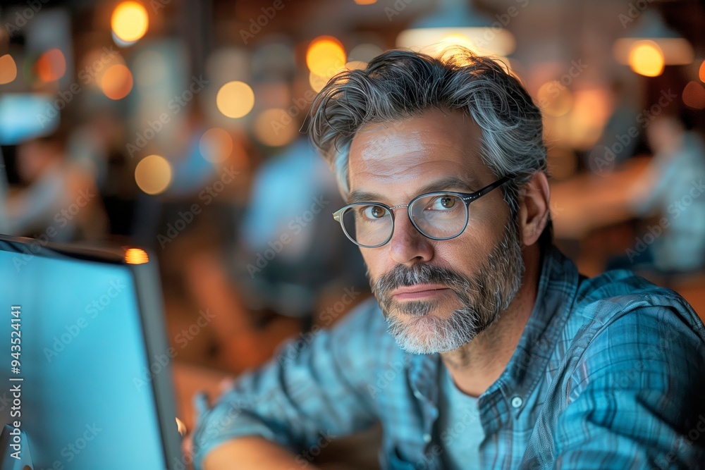 Focused man with glasses working at a computer in a cozy cafe, copy space for text Focused man with glasses working at a computer in a cozy cafe, copy space for text