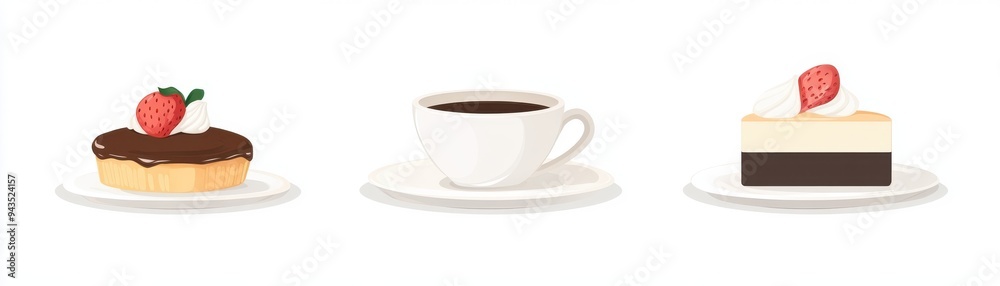 A coffee cup with a dessert plate, dessert element, flat design, minimalist style, isolated on white background A coffee cup with a dessert plate, dessert element, flat design, minimalist style, isolated on white background