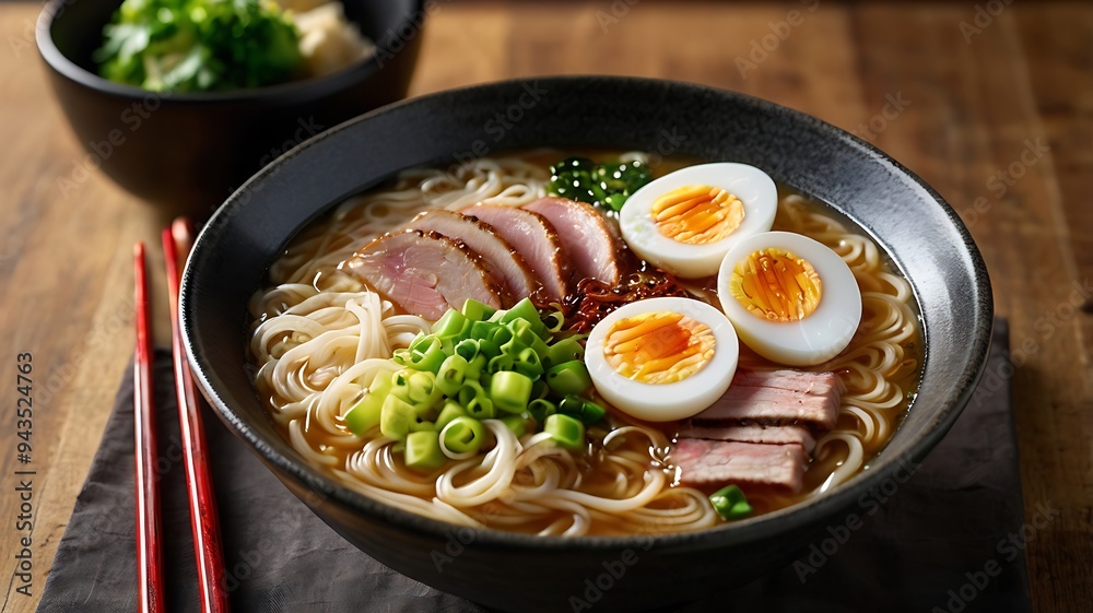 Delicious Japanese Ramen with chicken, Mushrooms, Eggs, noodles, meat in bowl Delicious Japanese Ramen with chicken, Mushrooms, Eggs, noodles, meat in bowl