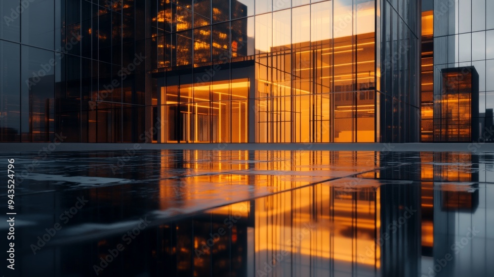 Glass Building Reflection in Wet Pavement