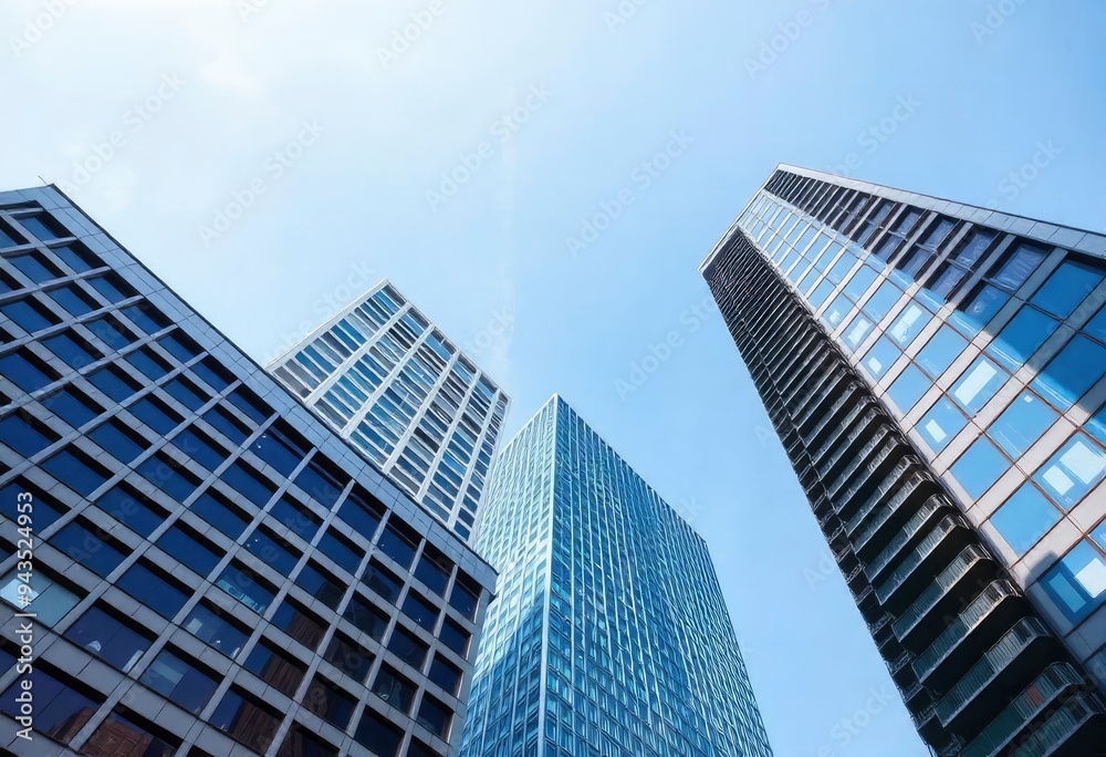 Looking Up modern high-rise office buildings with blue sky in the background, ai Looking Up modern high-rise office buildings with blue sky in the background, ai