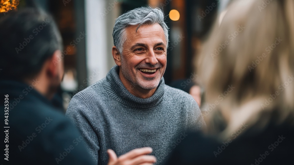 Smiling Mature Man Enjoying Conversation with Friends Outdoors