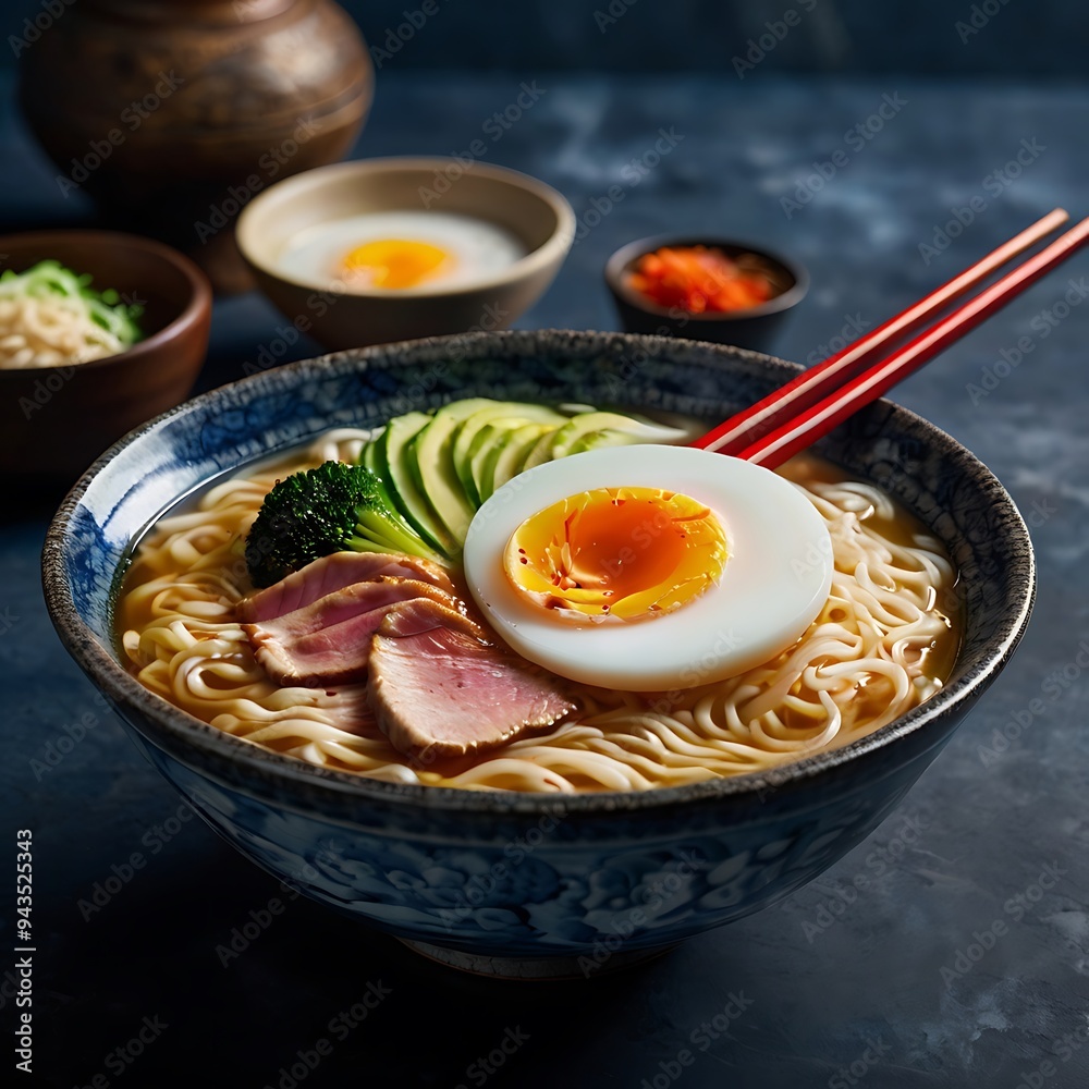 Delicious Japanese Ramen with chicken, Mushrooms, Eggs, noodles, meat in bowl Delicious Japanese Ramen with chicken, Mushrooms, Eggs, noodles, meat in bowl