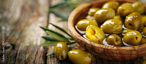 Green olives soaked in rich extra virgin olive oil on a rustic wooden table presented in a close up copy space image Organic Mediterranean cuisine