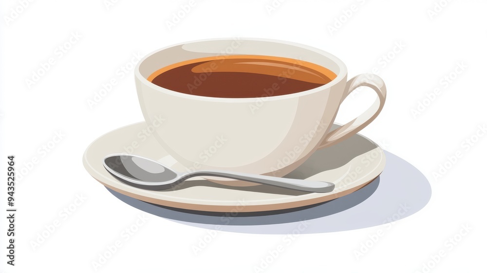 A coffee cup with a saucer and spoon, coffee element, flat design, minimalist style, isolated on white background A coffee cup with a saucer and spoon, coffee element, flat design, minimalist style, isolated on white background