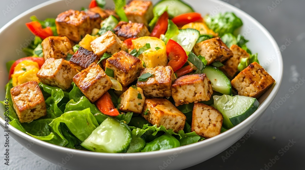 Tofu salad with balsamic dressing, vibrant vegetables, and fresh greens Tofu salad with balsamic dressing, vibrant vegetables, and fresh greens
