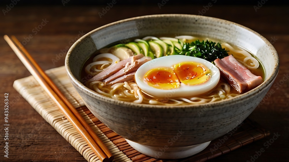 Delicious Japanese Ramen with chicken, Mushrooms, Eggs, noodles, meat in bowl Delicious Japanese Ramen with chicken, Mushrooms, Eggs, noodles, meat in bowl
