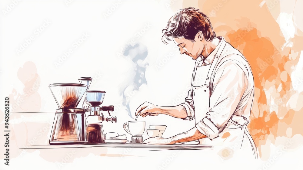 A barista steaming milk for a latte, coffee element, handdrawn illustration, detailed and warm, isolated on white background A barista steaming milk for a latte, coffee element, handdrawn illustration, detailed and warm, isolated on white background